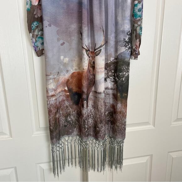 Aratta Silent Gourney Deer Stag Nature Print Fringe Hem Maxi Duster - Picture 6 of 8
